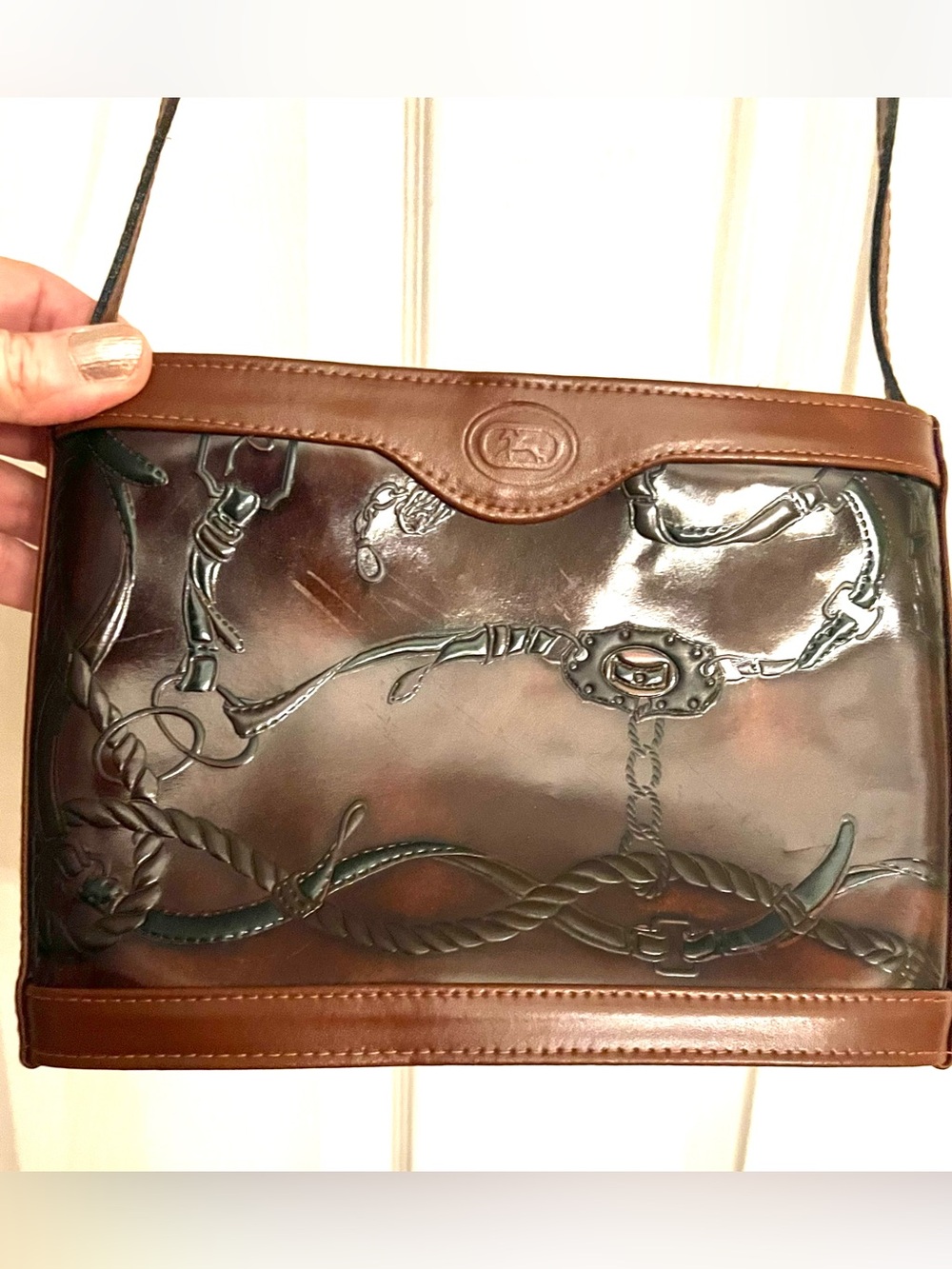 Vtg. Equestrian Embossed leather shoulder bag. Handmade in Florence. Brown/Rust.